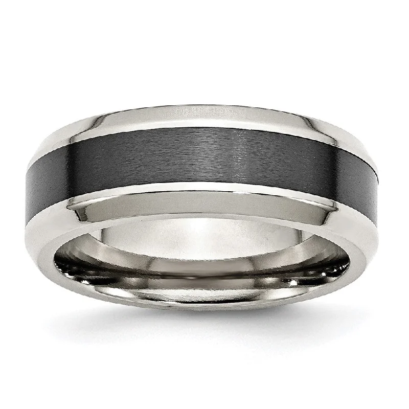 Ladies rings best brands-8mm Stainless Steel & Black Ceramic Center Beveled Standard Fit Band