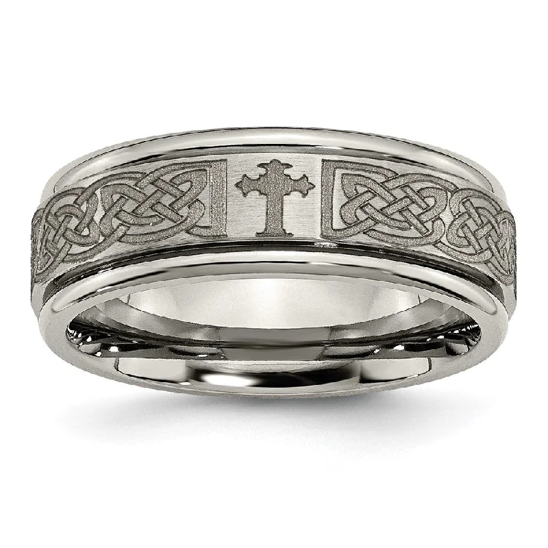 Ladies rings gold-plated-8mm Titanium Lasered Celtic Cross Grooved Edge Standard Fit Band