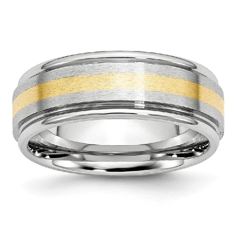 Ladies rings handmade pieces-8mm Cobalt & 14K Gold Inlay Satin & Polished Grooved Ridged Band