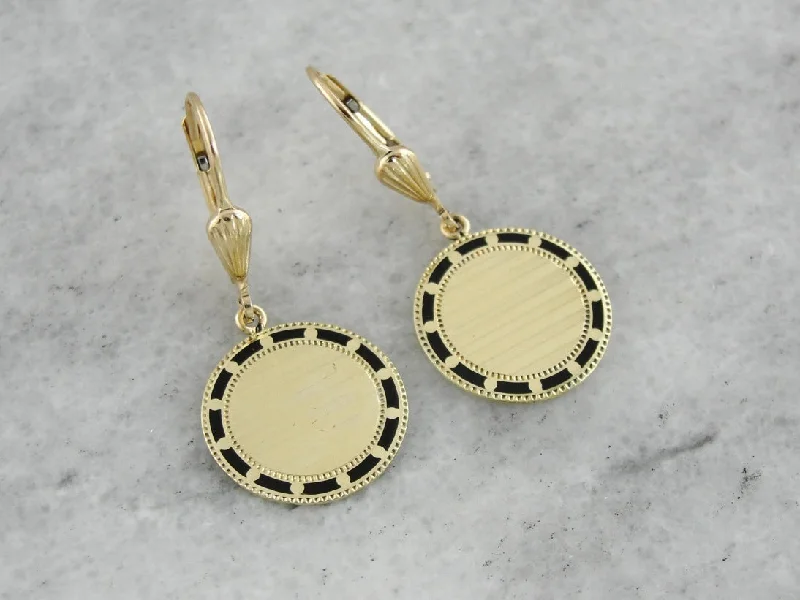 Ladies earrings silver finishes-Retrofitted Antique Black Enamel Cufflink Earrings, Circular in Shape with Yellow Gold Leverbacks