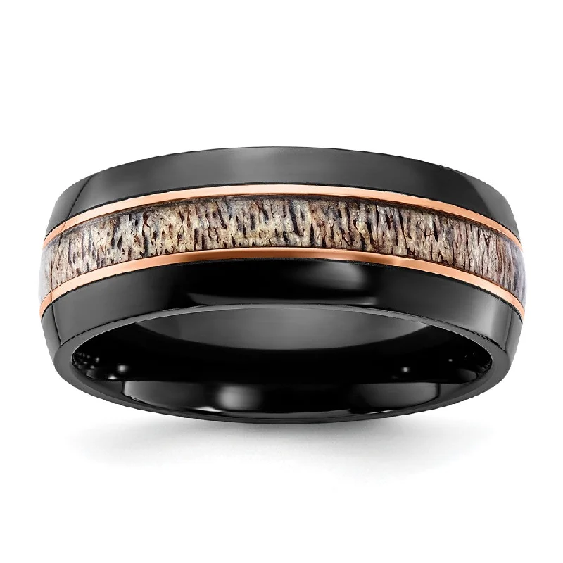 Ladies rings sapphire stones-8mm Black Zirconium, Rose Tone & Tan Antler Inlay Standard Fit Band