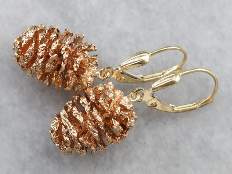 Ladies earrings hoop designs-Two Tone Pine Cone Drop Earrings