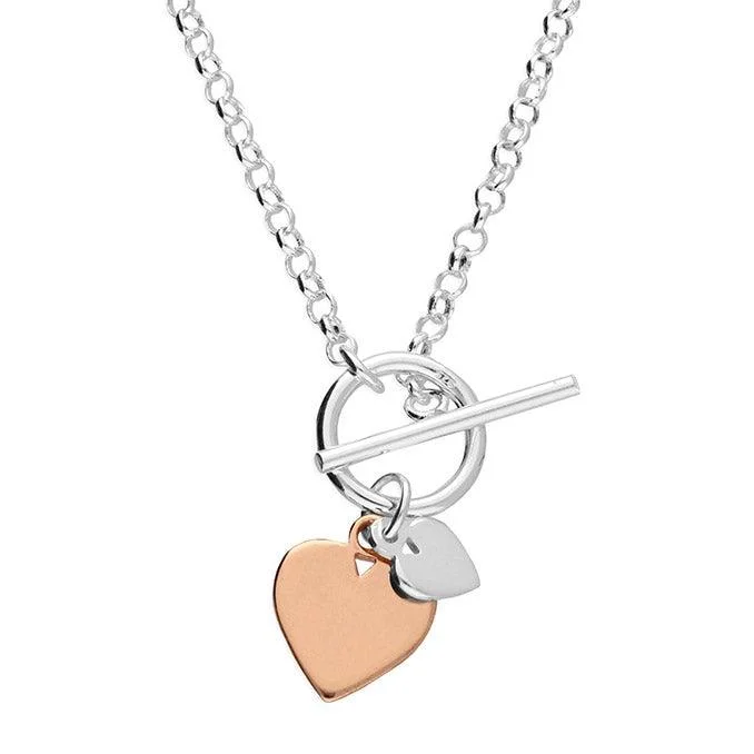 Ladies necklaces star accents-Sterling Silver & Rose Gold Mini Heart Necklace with T-Bar