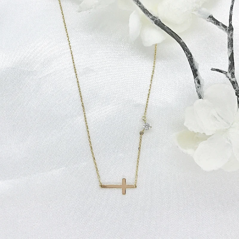 Ladies necklaces store locations-10K Gold Sideways Cross Necklace with CZ