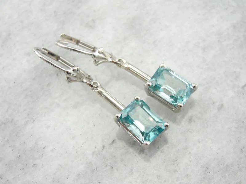 Ladies earrings creative looks-Simple Blue Zircon Drop Earrings in White Gold