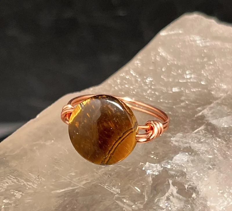 Ladies rings wedding bands-Tigers Eye Disc Copper Bead Ring