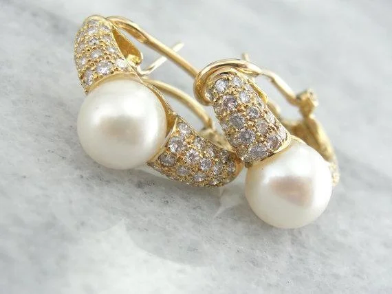 Ladies earrings unique pieces-Diamonds and Mabe Pearl Earrings in Fine Gold