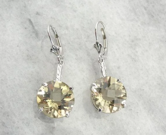 Ladies earrings office wear-Soft Yellow Quartz Drop Earrings in Decorative White Gold