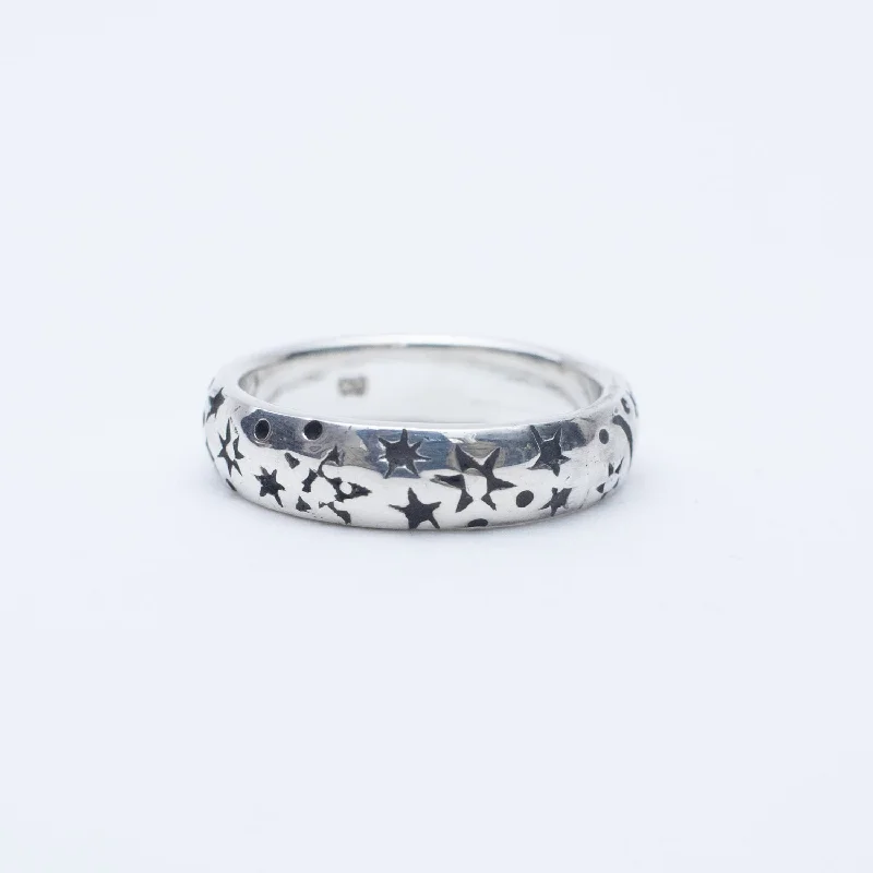 Ladies rings casual vibes-Silver Stamped Star & Moon Band