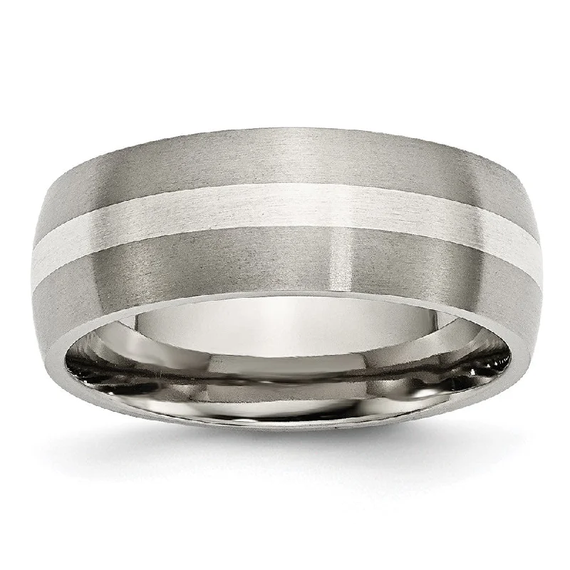 Ladies rings ring finger-8mm Titanium & Sterling Silver Brushed Domed Standard Fit Band