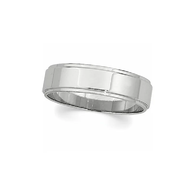 Ladies rings luxury labels-8mm Flat Ridged Edge Wedding Band in 14k White Gold