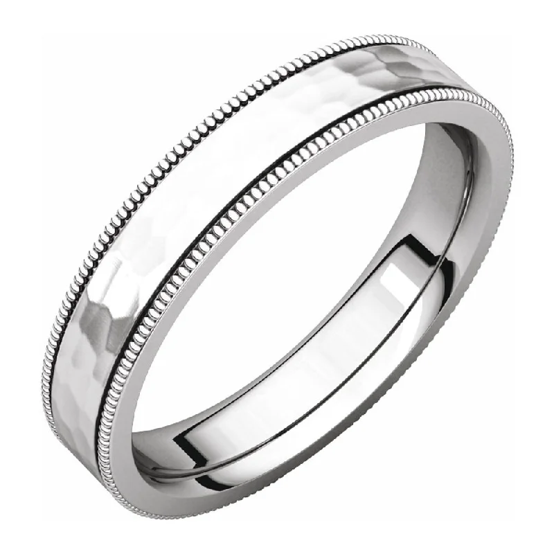 Ladies rings worldwide styles-4mm Platinum Milgrain Hammered Flat Comfort Fit Band