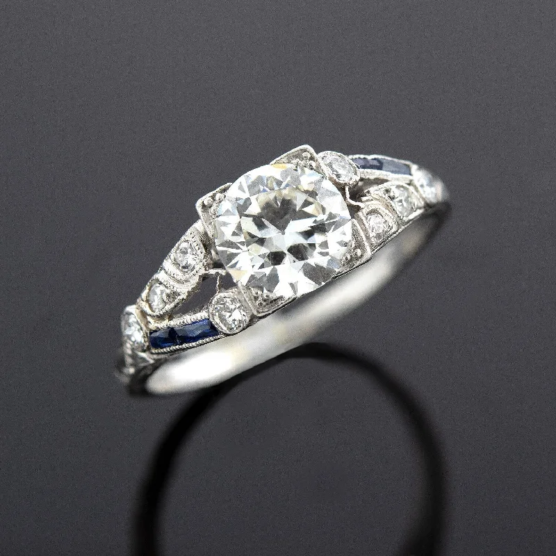 Ladies wedding rings silver tones-Art Deco Old European Cut Diamond + Sapphire Engagement Ring 1.20ct Center