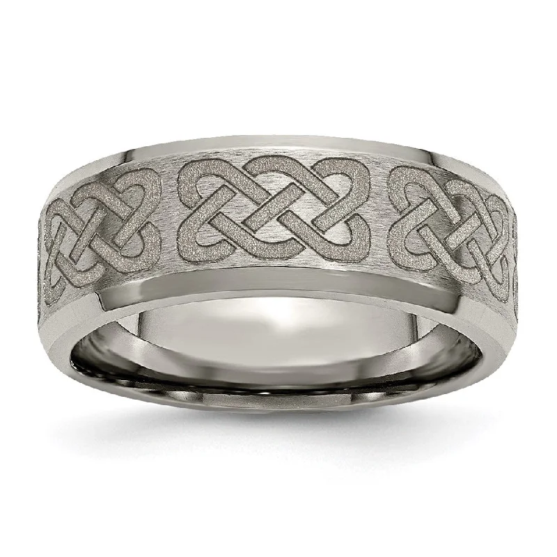 Ladies rings 2025 trends-8mm Titanium Laser Etched Celtic Design Beveled Edge Standard Fit Band