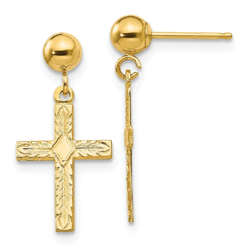 Ladies earrings matching pairs-13mm Textured Cross Dangle Post Earrings in 14k Yellow Gold