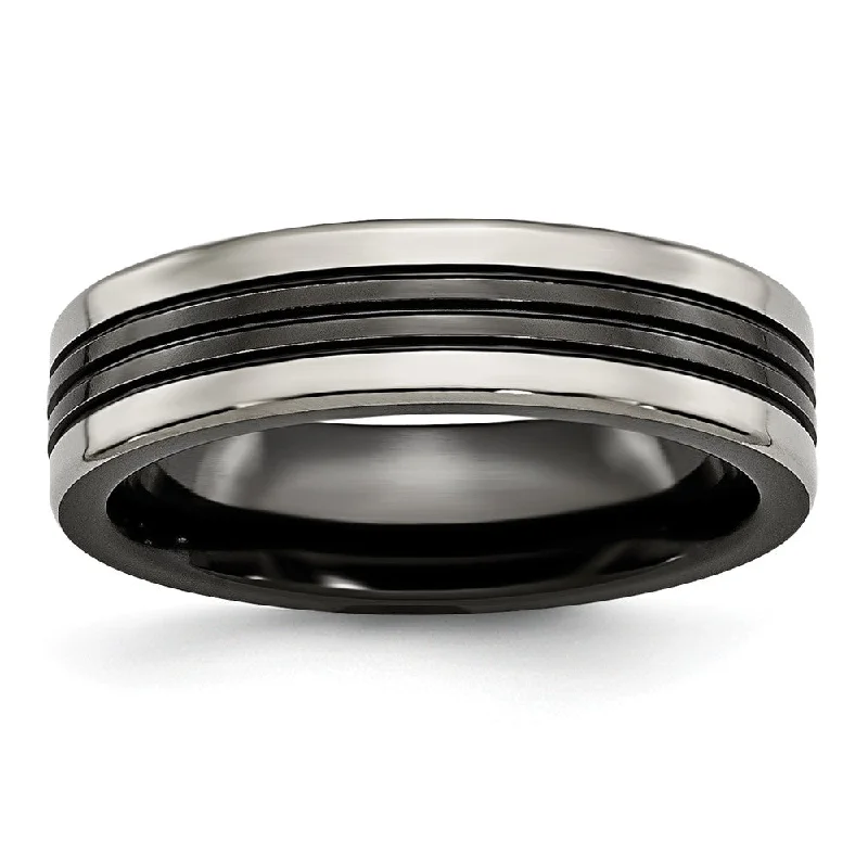 Ladies rings diamond accents-6mm Grooved and Polished Flat Band in Two-Tone Titanium