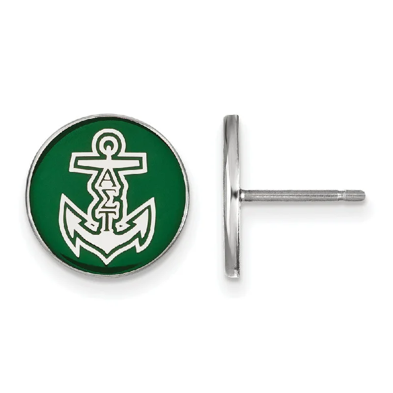 Ladies earrings worldwide appeal-Sterling Silver Alpha Sigma Tau Green Enamel Logo Post Earrings