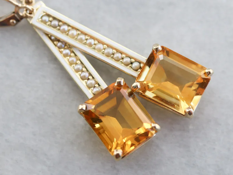 Ladies earrings online buys-Enamel Citrine and Seed Pearl Drop Earrings