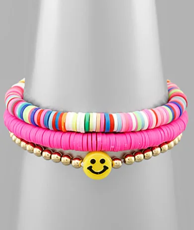 Ladies bracelets diamond accents-Rubber & Smile Metal Beads Bracelet - Hot Pink