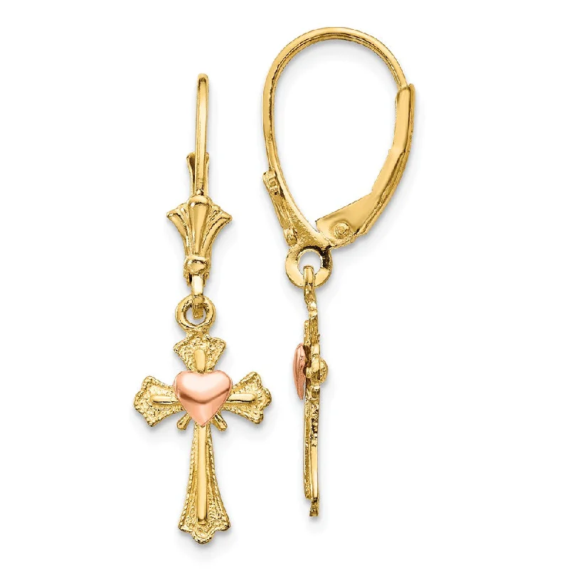 Ladies earrings store locations-14mm Heart on Cross Lever Back Earrings in 14k Yellow and Rose Gold