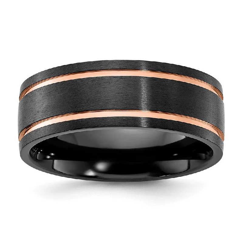 Ladies rings gold styles-8mm Black Zirconium & Rose Tone Plated Grooved Standard Fit Band