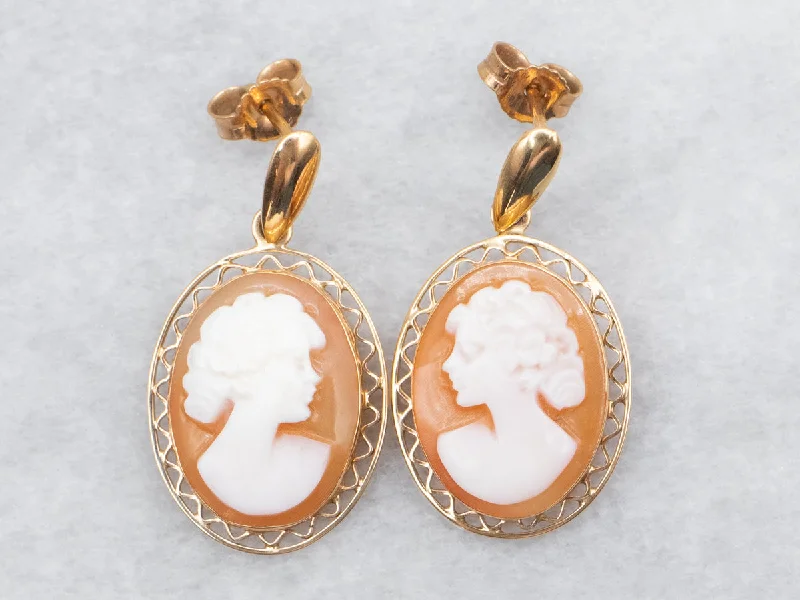 Ladies earrings mature styles-Feminine Cameo Gold Drop Earrings