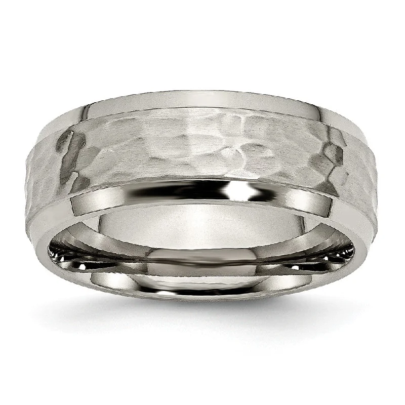 Ladies rings worldwide styles-Titanium 8mm Beveled Edge Hammered Comfort Fit Band