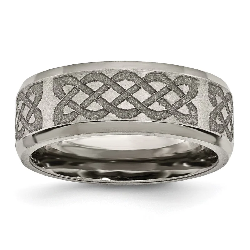 Ladies rings sale events-8mm Titanium Celtic Laser Etched Design Beveled Standard Fit Band