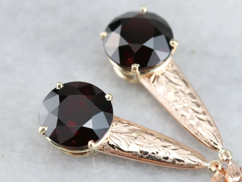 Ladies earrings engraved details-Floral Garnet Drop Earrings