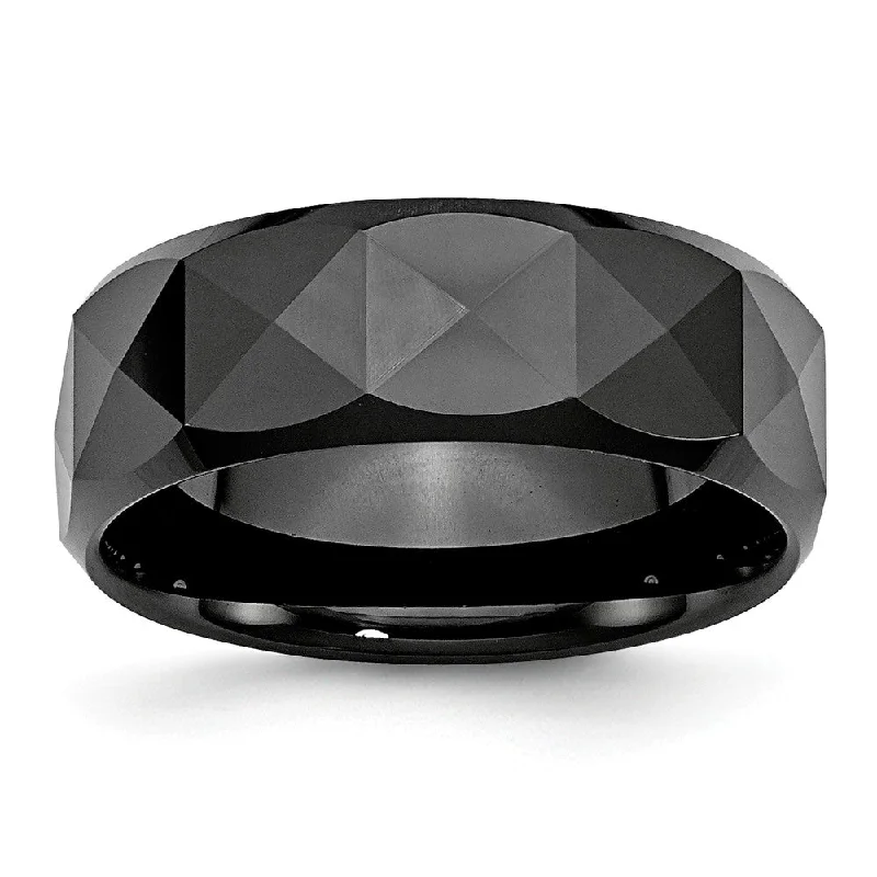 Ladies rings boho vibes-Black Ceramic, 8mm Faceted Polished Comfort Fit Band