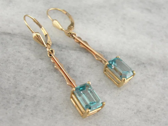 Ladies earrings gothic appeal-Emerald Cut Blue Zircon Gold Bar Drop Earrings