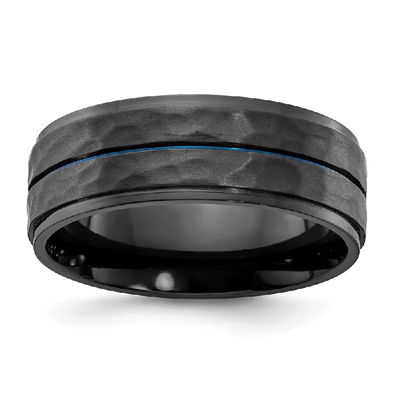 Ladies rings daily wear-8mm Black Zirconium & Blue Plated Brushed & Hammered Band