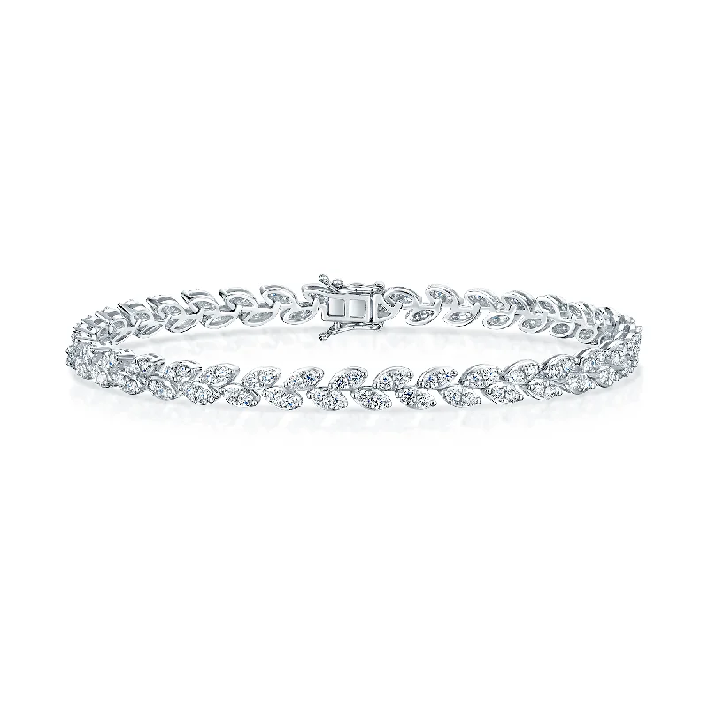 Ladies bracelets cuff trends-Platinum Round Brilliant Cut Diamond Leaf Design Tennis Bracelet