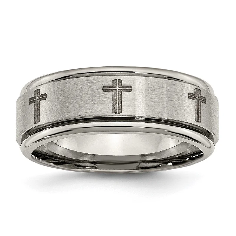 Ladies rings heart shapes-8mm Titanium Laser Etched Cross Grooved Edge Standard Fit Band