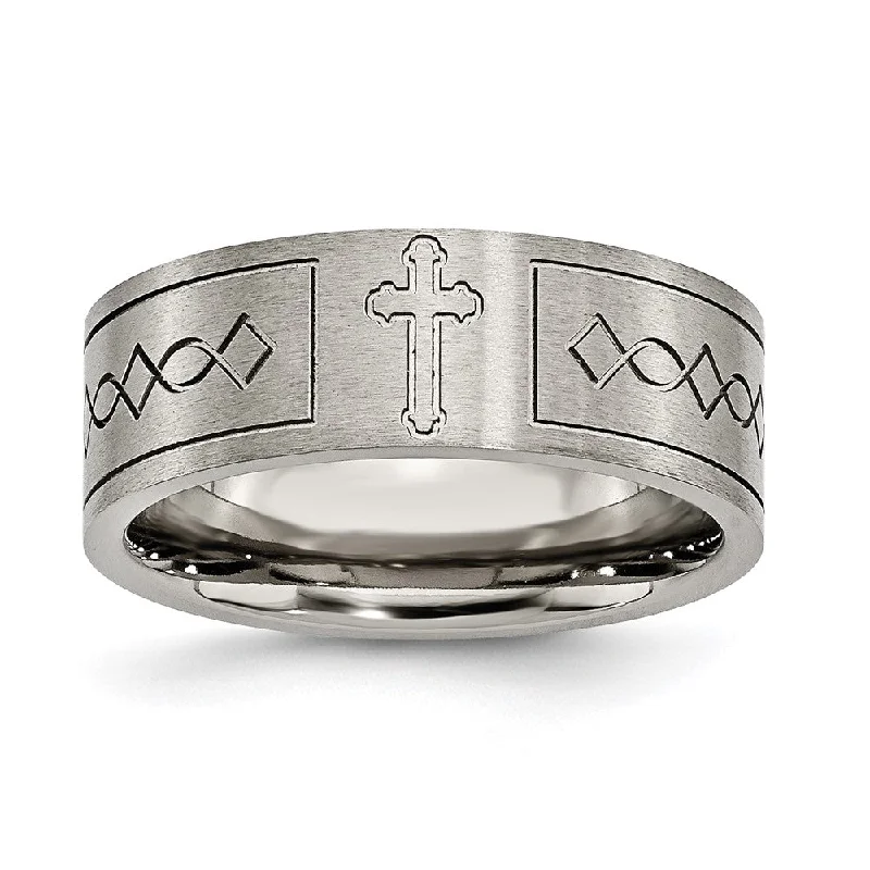 Ladies rings sister sets-8mm Titanium Brushed Cross Design Flat Standard Fit Band