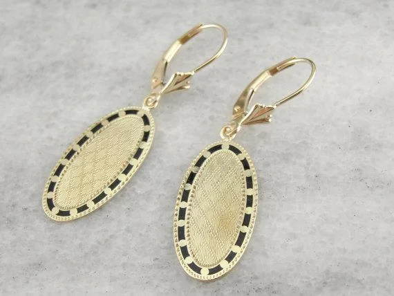 Ladies earrings minimalist trends-Oval Cufflink Gold Drop Earrings with Black Enamel Accents