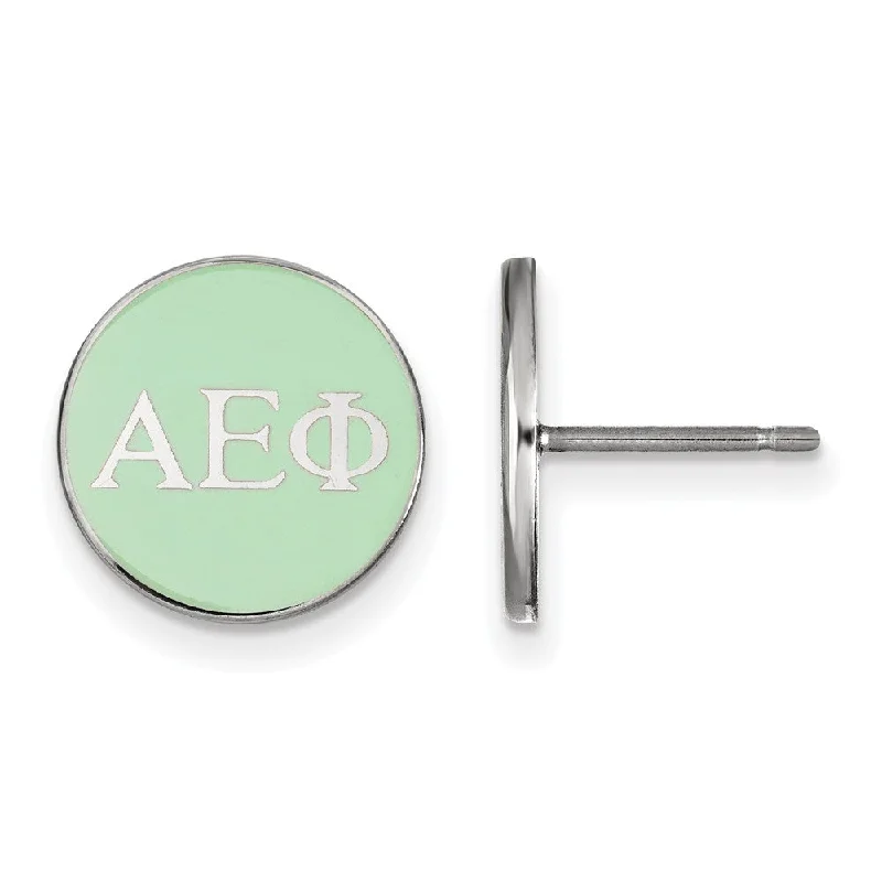 Ladies earrings silver finishes-Sterling Silver Alpha Epsilon Phi Green Enamel Disc Post Earrings