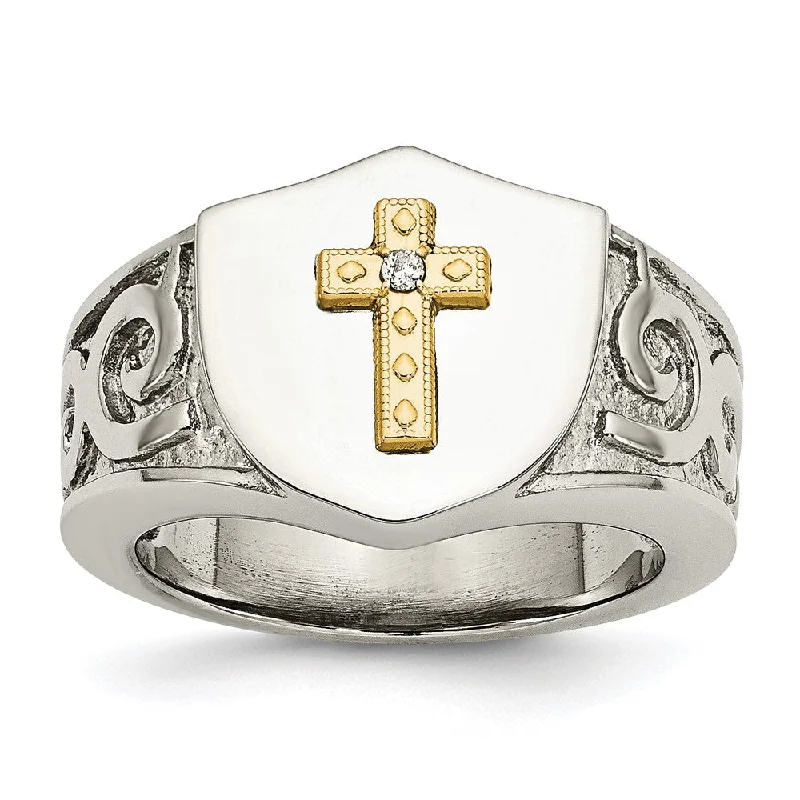 Ladies rings daily wear-14mm Stainless Steel 10KYG Plated Cross & .02ct Diamond Tapered Ring