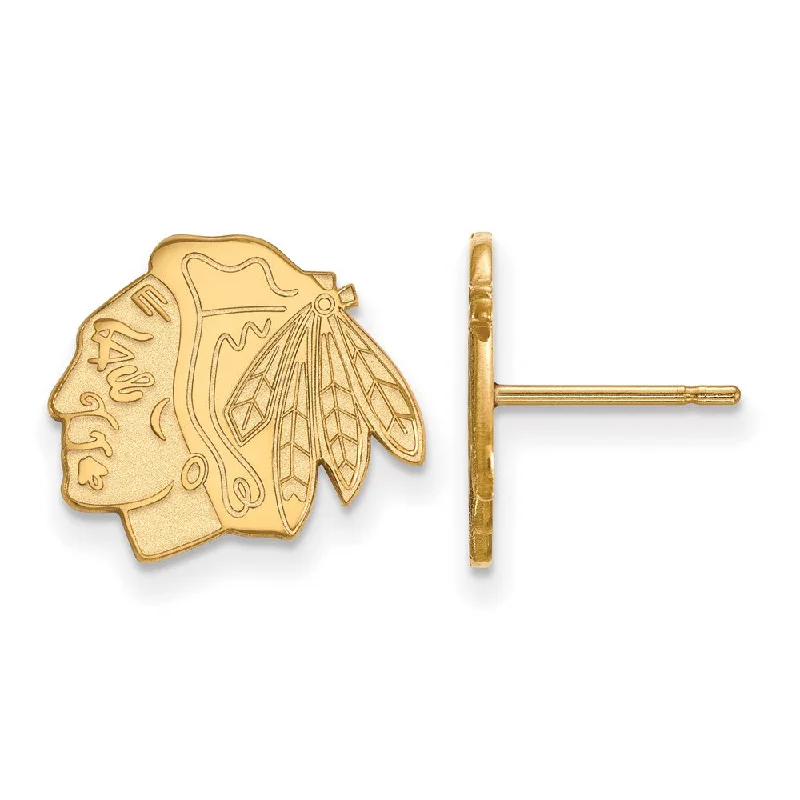 Ladies earrings care advice-SS 14k Yellow Gold Plated NHL Chicago Blackhawks Small Post Earrings