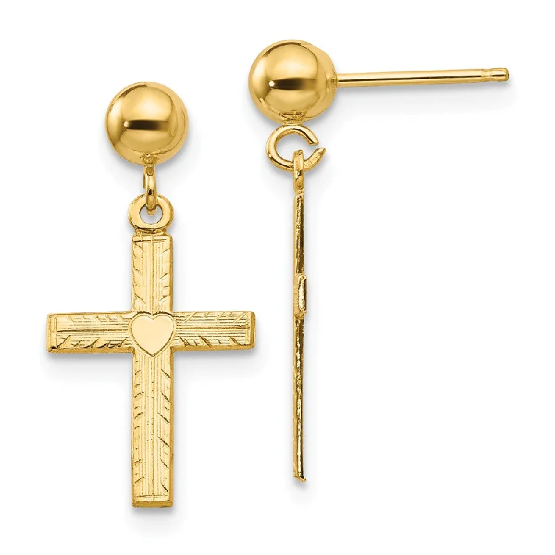 Ladies earrings office wear-13mm Heart Cross Dangle Post Earrings in 14k Yellow Gold