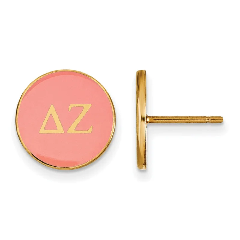 Ladies earrings gift choices-14K Plated Silver Delta Zeta Pink Enamel Disc Post Earrings