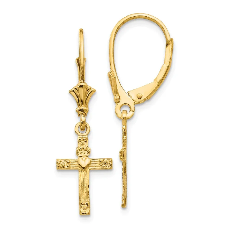 Ladies earrings delicate drops-13mm Textured Cross with Heart Lever Back Earrings in 14k Yellow Gold